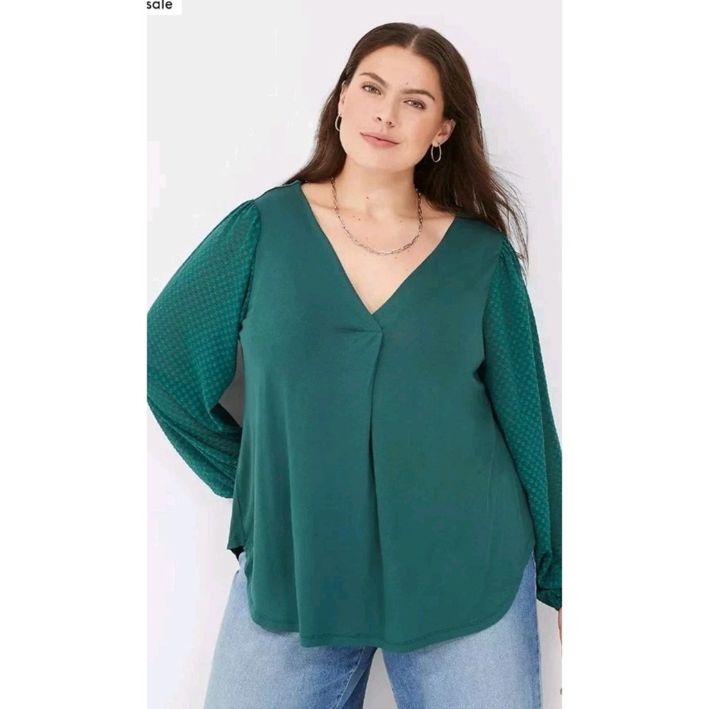 Lane Bryant Dark Green V-Neck Top Textured Puff Sleeve Plus Size 18/20